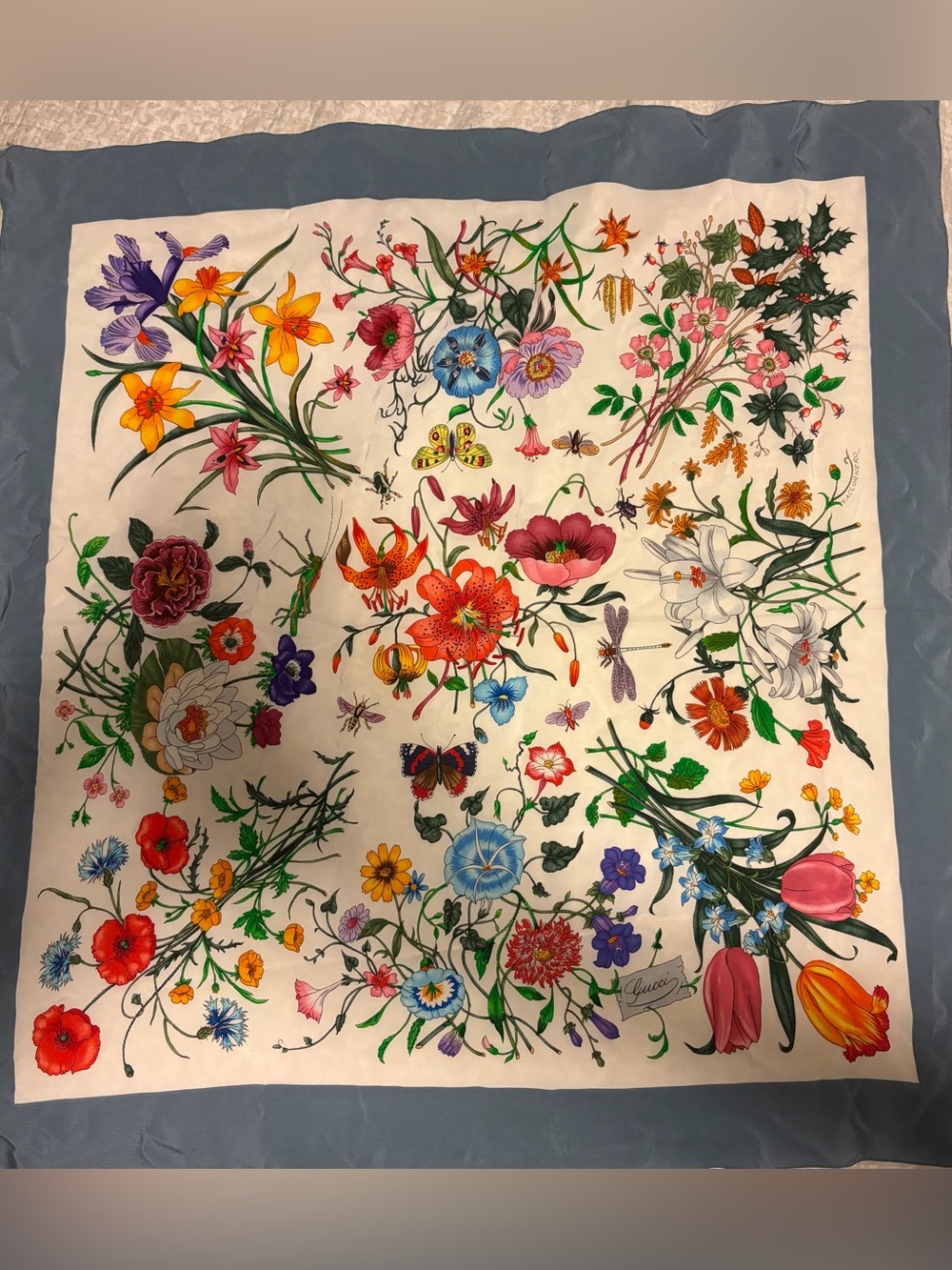 Gucci Floral Silk Scarf in White with Blue Border and Multicolor Blooms